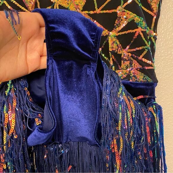 Weissman Dance costume blue sassy fringe sequin dress Misbehave 16291 child XLC - Picture 7 of 12